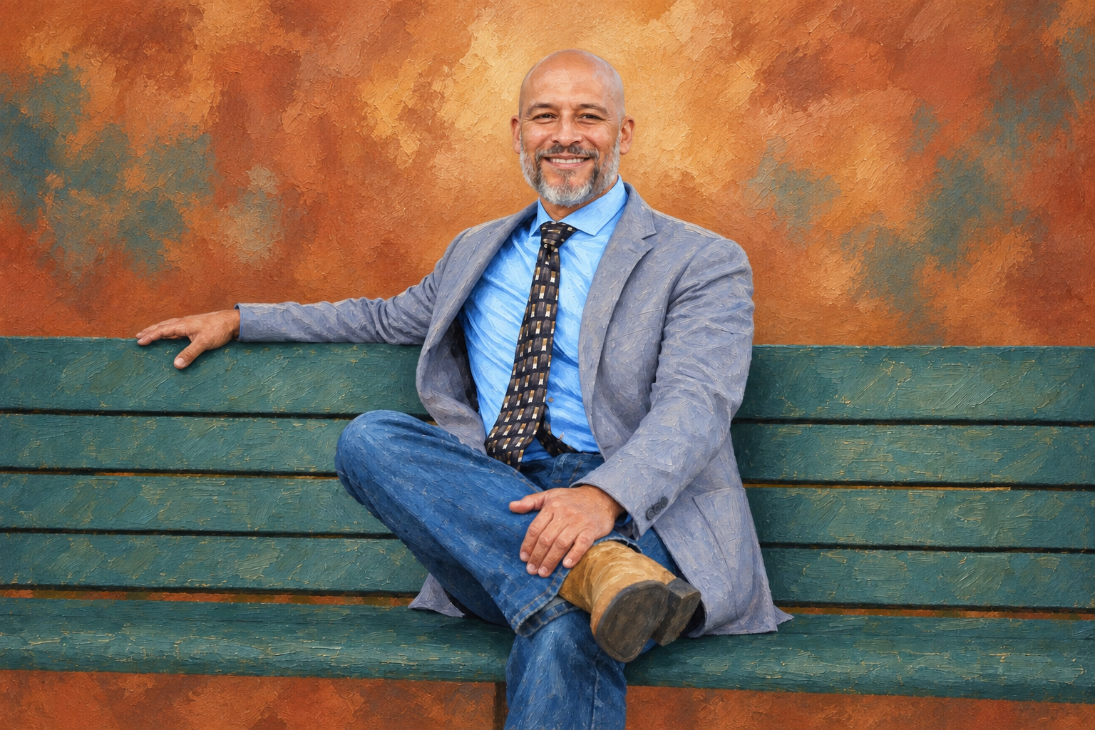 Painted portrait of Tony Aranda against a warm terracotta background