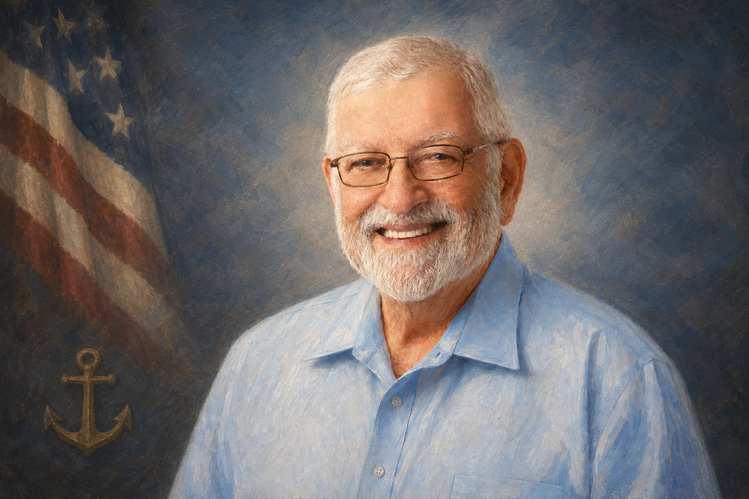 Painted portrait of Navy veteran Mike Martin with an American flag and anchor