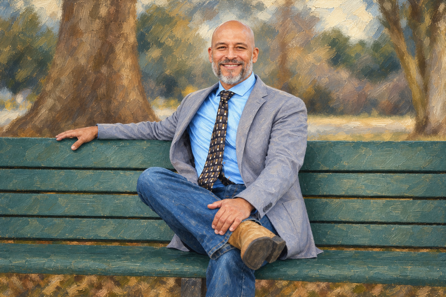 Painted portrait of Tony Aranda seated on a park bench