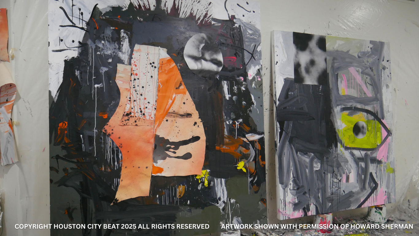 Paintings and materials inside Howard Sherman’s studio
