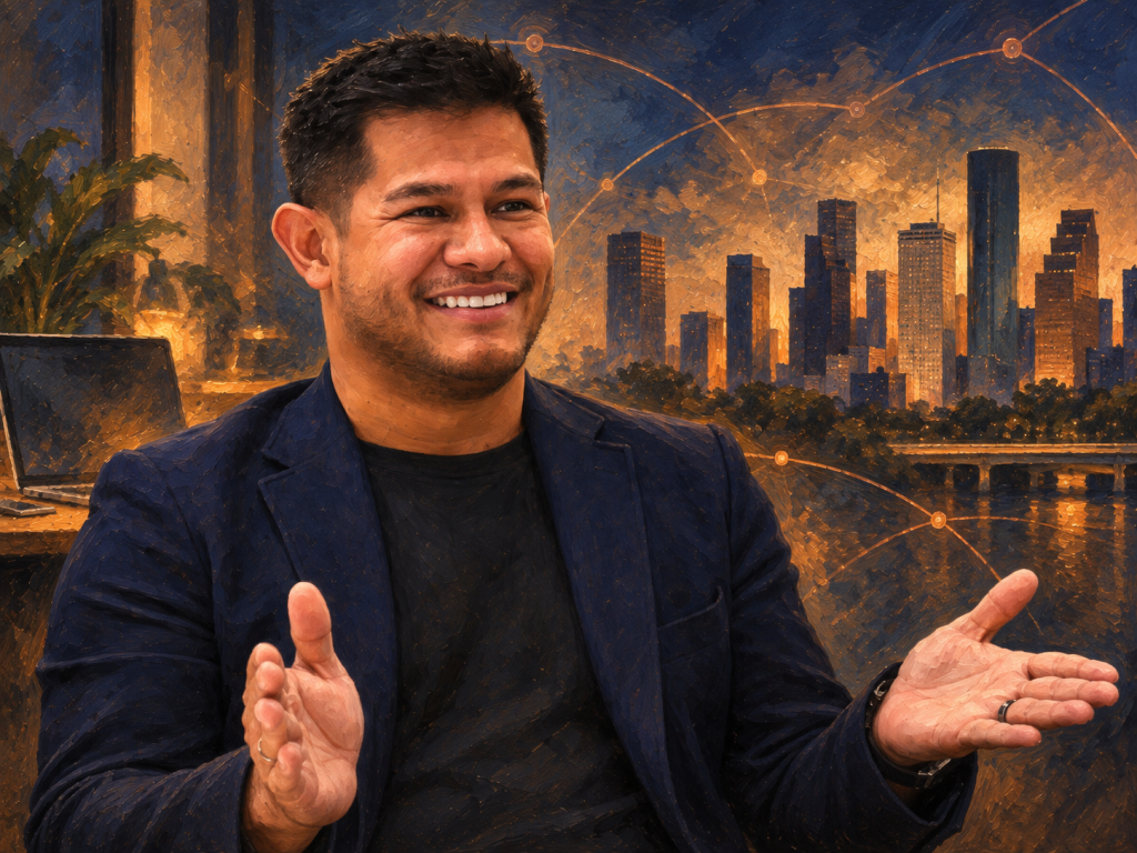 Painted portrait of Alex Melgar with an indigo Houston skyline and connected lines