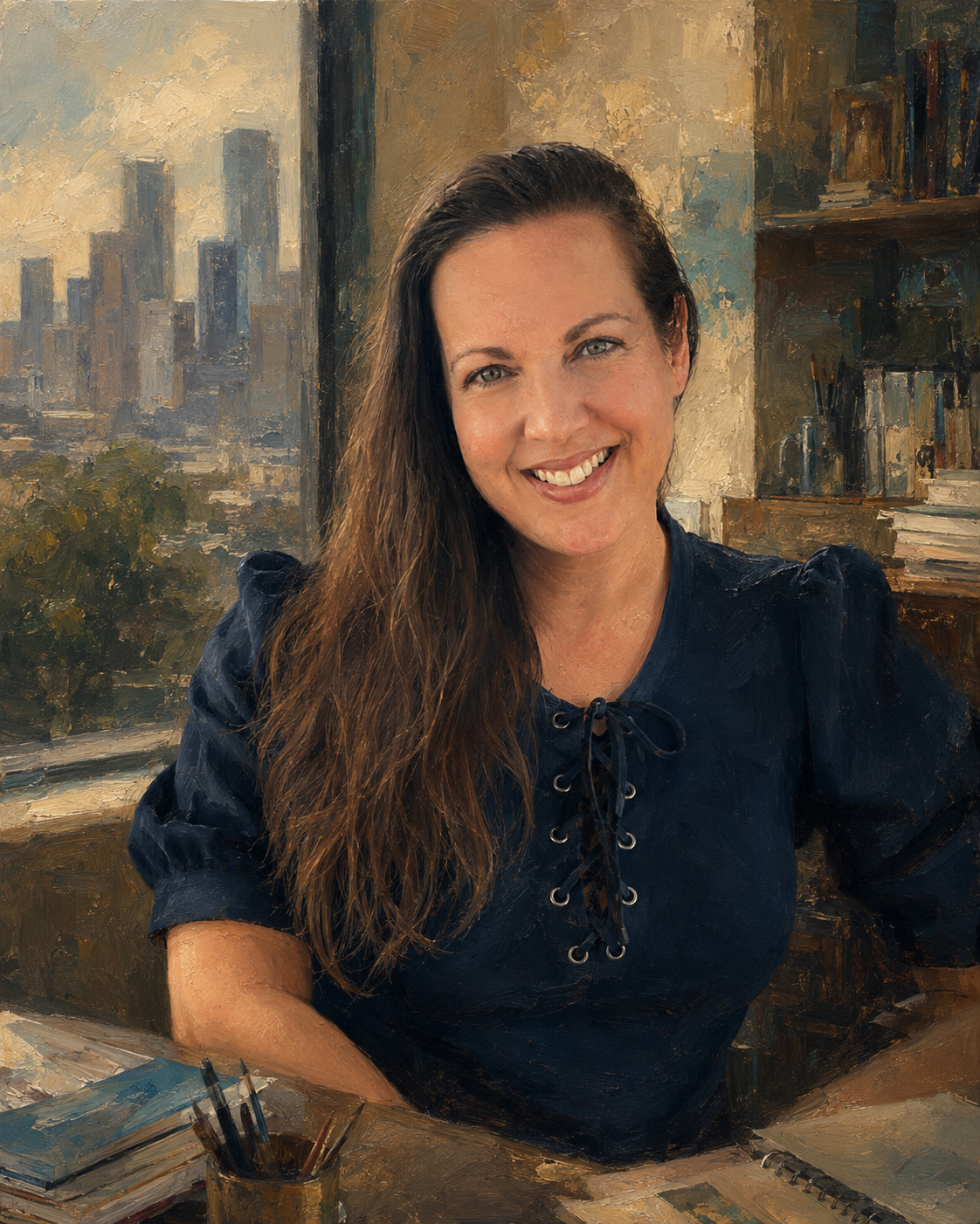 Illustrated portrait of Lisbet Newton, creator and curator of Houston’s Hispanic Business Legacy