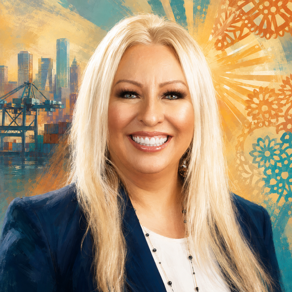 Stylized editorial portrait of Houston entrepreneur Maribel Sunshine Rodriguez