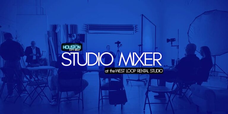 Meet Your Houston: HCB Business Mixer Returns November 17 Houston City Beat Studio Mixer graphic over a blue-tinted photo inside West Loop Rental Studio.